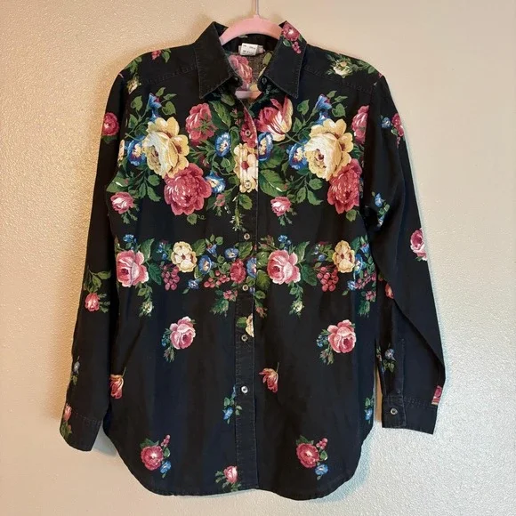 Sun River Button Up Blouse Women's Medium Black Whimsigoth Red Yellow Blue Roses - Picture 7 of 11